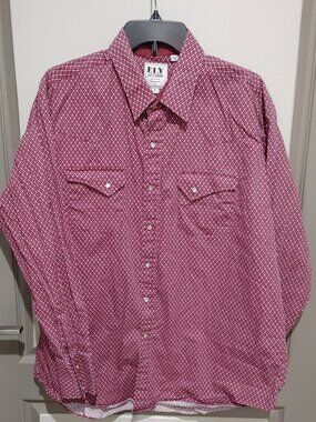 ELY Cattleman Men Western Shirt Red Blue Geometric Pattern